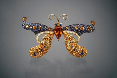 BUZZ and BERNARDINE brooch-spessartite-benitoite