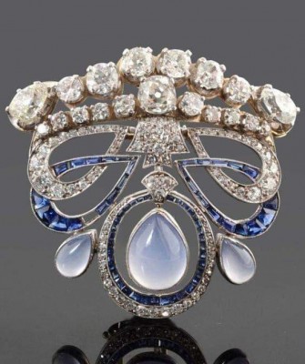 #Belle epoque #brooch #1910 #gold #sapphires #diamonds #chalcedony #broche #or #saphirs #calcedoine