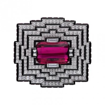 CARTIER-Broche Haute Joaillerie-or blanc-rubellite-laque noire-diamants