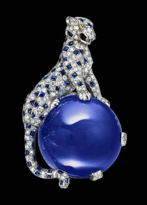 CARTIER-Broche Panthère-diamants jaunes-Saphir du Kashmir-152.35ct- saphirs-diamants