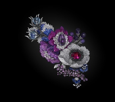 CARNET-Broche Enchanting Blooms-diamants blancs-diamants noirs'améthyste-rubellites-or jaune-titane