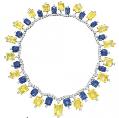 CARTIER-1957-blue-yellow sappires necklace-saphirs-saphirs jaunes-diamants