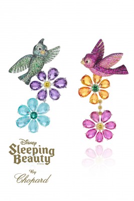CHOPARD-Collection Disney- boucle d'oreille la belle au bois dormants-émeraude-tsavorites-amethystes-tourmaline paraiba saphirs