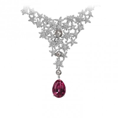 CARTIER-Collier Pamir-or blanc-spinel 49.74ct-perles-diamants