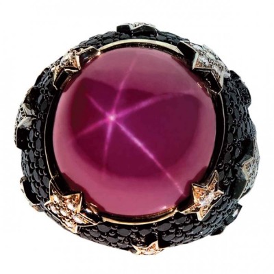 ELKE BERR-rubis étoilé-diamants noirs-bague-or jaune