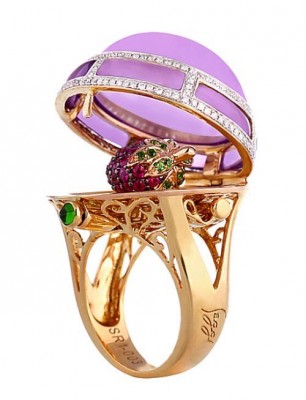 FABERGE-Bague médaillon-jade rose-grenat rhodolite-topaze blanche-diopside chrome