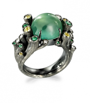 FEI LIU-Bague Dawn-or noir-Prehnite-Citrine-Péridot-Diamants