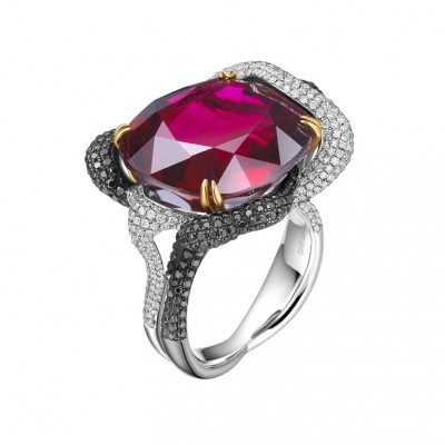 FEI LIU-Bague Medusa-Collection Bespoke-rubellite-diamants bancs et noirs-or jaune et blanc