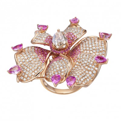 FEI LIU-Bague Orchid-collection Bespoke-tourmaline-diamants-saphirs-or rose