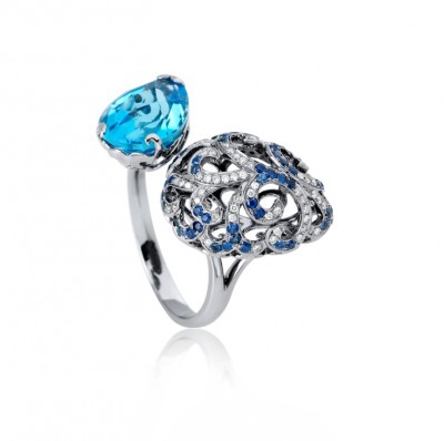 FEI LIU-Bague Whispering-Or noir-topaze-diamants-saphirs