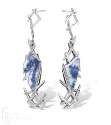 FEI LIU-Boucles d'oreilles Aeon-platine-céramique antique de Chine (Dinastie Qing-diamants