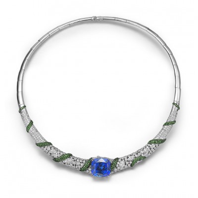 FEI LIU-Collier-24Ct Tanzanite-Collection Bespoke-diamants-grenats verts-or blanc
