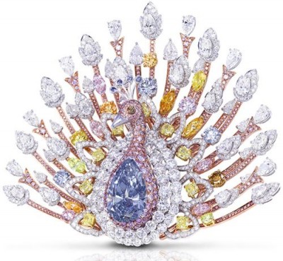 GRAAF-Broche Paon-diamants bleu foncé de 20.02ct-diamants blanc, rose, jaune, orange et vert