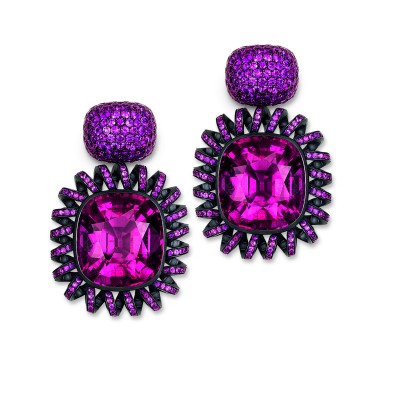 HEMMERLE-boucles d'oreilles-saphrs roses-saphirs-rubellites-argent noirci-or blanc