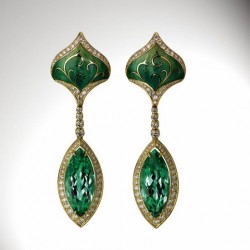 HINGO HENN-Boucle d'oreille-or jaune-tourmaline verte-diamant-émail-gravure