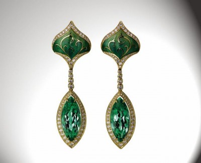 HINGO HENN-Boucle d'oreille-or jaune-tourmaline verte-diamant-émail-gravure