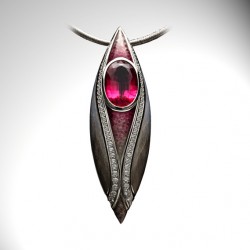 HINGO HENN-Broche-pendentif-or blanc-Rubellite-diamants-émail-gravures