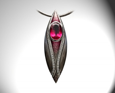 HINGO HENN-Broche-pendentif-or blanc-Rubellite-diamants-émail-gravures