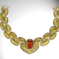 HINGO HENN-Collier-or jaune-grenat Spessartite-diamants-émail-gravures