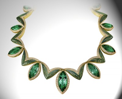 HINGO HENN-Collier-or jaune-tourmaline verte-diamants-émail-gravure