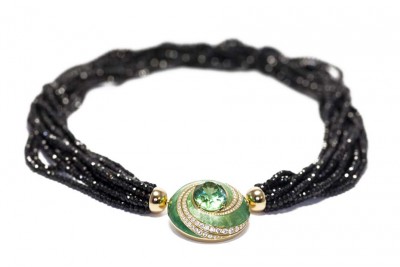 HINGO HENN-Collier-spinel noir-tourmaline verte-émail-diamants