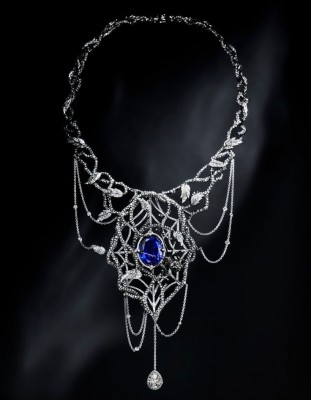 JACK DU ROSE-Collier Veuve Noire-or blancdiamants noirs-diamants blancs-diamants gris-tanzanite-émail