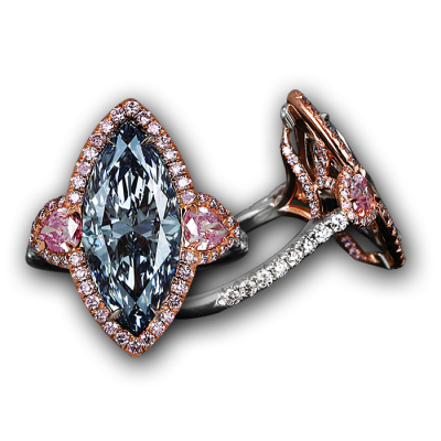 JACOB & CO-Bague-diamant bleu-platine-or rose-diamants roses-diamants blancs