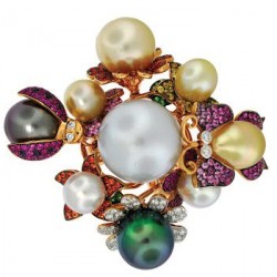 JACOB & CO-Collection Nature-bague-or blanc-perles des mers du sud-perles de Tahiti-grenat tsavorite-saphirs
