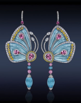 JACOB & CO-Collection Papillon-boucle d'oreille-topaze bleue-Tourmaline rose-saphirs jaunes-diamants
