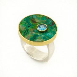 JEFF & SUSAN WISE-Bague-Agate-zircon bleu-or jaune-argent