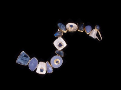 JEFF & SUSAN WISE-Bracelet Blues-argent-or jaune-calcédoine-Pietersite-Saphirs-pierre de lune-Iolite-opale Boulder