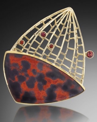 JEFF & SUSAN WISE-Broche-toile de Jupiter-or jaune-jaspe rouge-grenat