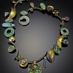 JEFF & SUSAN WISE-Collier-argent oxydé-or jaune 18K et 22K-turquoise-tourmaline-opale-zircon-aigue marine