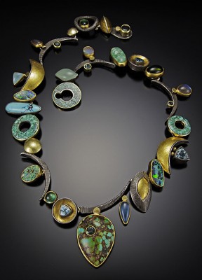 JEFF & SUSAN WISE-Collier-argent oxydé-or jaune 18K et 22K-turquoise-tourmaline-opale-zircon-aigue marine