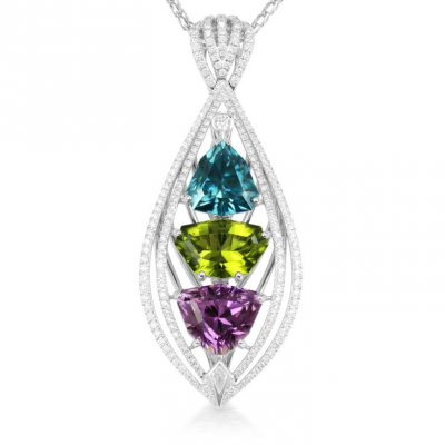 KAT FLORENCE-Collection Winter 2015-pendentif-Péridot-zircon bleu-Kunzite-diamants-or blanc