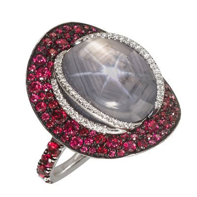 KATHERINE JETTER-Bague Grey Star Sapphire-Saphir étoilé-spinelle-diamants blancs-grenat changement de couleur-or blanc©