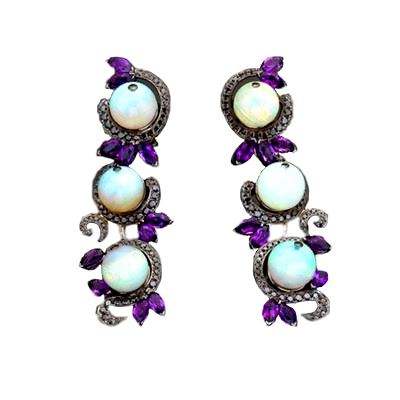 KATHERINE JETTER-Boucle d'oreille Creeping vine-Opale blanche-or blanc-diamants noirs-Améthyste