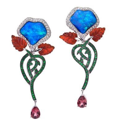 KATHERINE JETTER-Boucles d'oreilles Poison Berry Opale-or blanc-diamants-grenat Tsavorite-Opale de feu-tourmaline rose