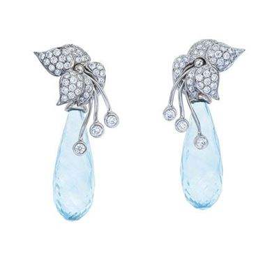KATHERINE JETTER-Boucles d'oreilles Sweetpea flower-or blanc-aigue marine-diamants