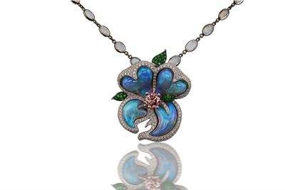 KATHERINE JETTER-Pendentif poison berry-Opale bleue-diamants roses-diamants-grenat Tsavorite