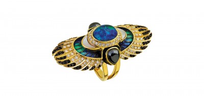 LALIQUE-Bague Gaïa-opale-hématites-diamants-spinelles-nacre-laque