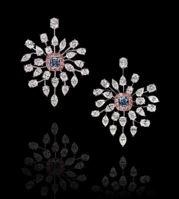 LEV LEVIEV DIAMONDS-Boucles d'oreilles-diamants bleus intenses-diamants blancs-diamants roses-platine- or rose