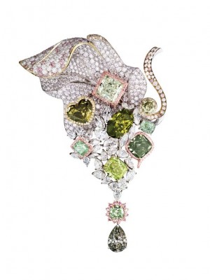 LEV LEVIEV DIAMONDS-Broche-diamant vert-diamant rose-diamant blanc-platine-or rose