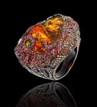LYDIA DE COURTEILLE-Collection Jardin de Xochimilco-Or rhodié noir-diamants bruns-saphirs-opale de feu