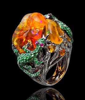 LYDIA DE COURTEILLE-Collection Jardin de Xochimilco-bague Or rhodié noir-rubis-tsavorites-opales de feu