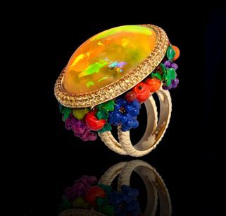 LYDIA DE COURTEILLE-Jardins de Xochimilco-bague exotic flowers-or rhodié noir-émail-saphirs-opale de feu