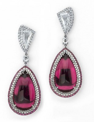 MARTIN KATZ-Boucles d'oreilles-Cabochon rubellite-or blanc-diamants-saphirs-rubellites