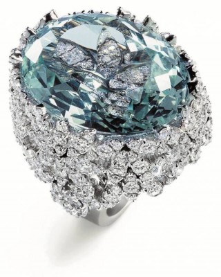 PASCALE BRUNI-Bague cocktail-or blanc-diamants-Aigue marine