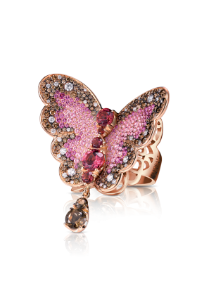 PASCALE BRUNI-Bague collection Liberty-or rose-tourmalines roses-saphirs roses-quartz fumé-diamants bruns-diamants blancs