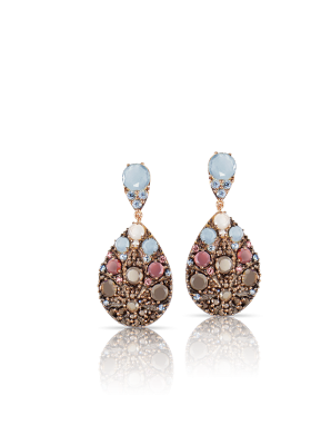 PASCALE BRUNI-Boucle d'oreille collection Mandala-or rose-topaze blanche-topaze bleue-grenat rhodolite-améthyste-quartz fumé-quartz laiteux